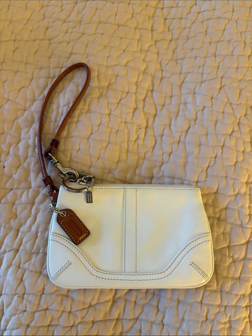 Coach Cream Leather Wristlet with Tan Strap